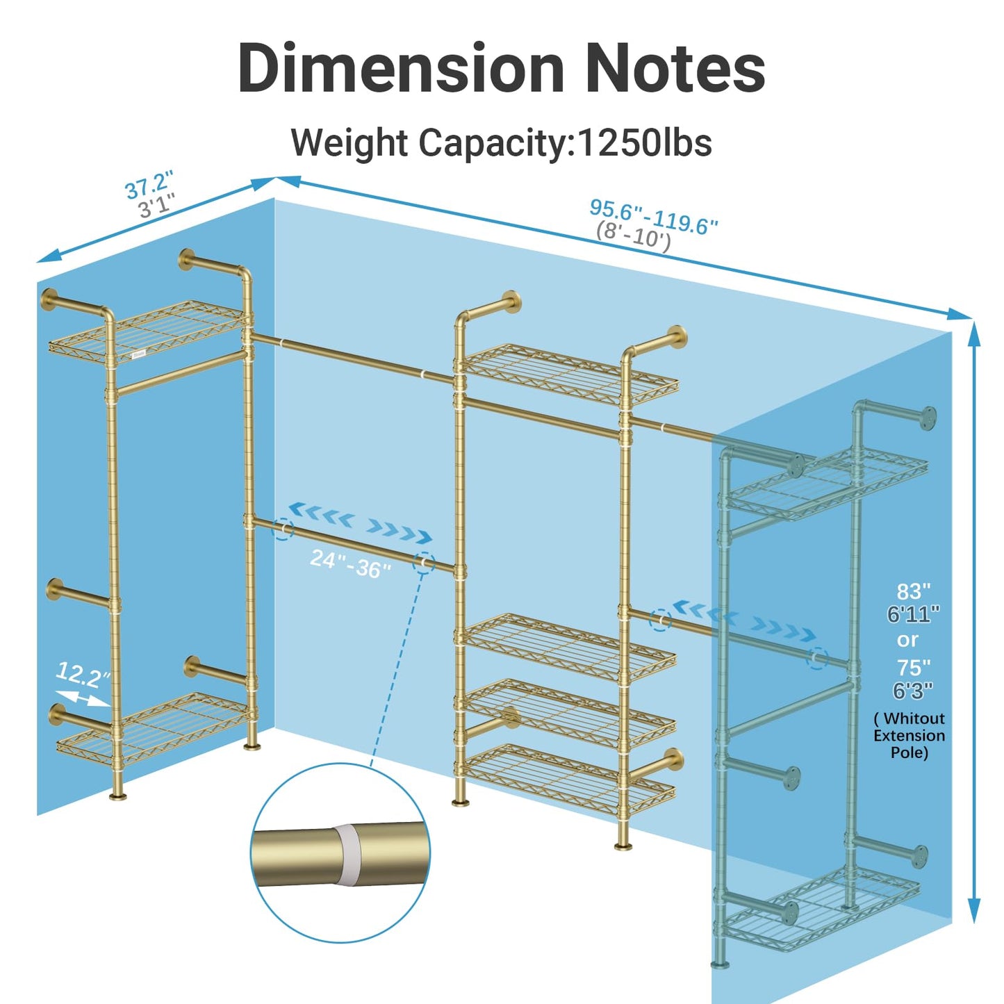 Timate U5 Expandable Wall Mounted Clothes Rack, Walk in Closet, Heavy Duty Industrial Pipe Clothing Rack with 4 Expandable Hanger Rods & 8 Adjustable Shelves, Fits Spaces 8'- 10', Gold
