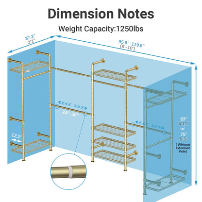 Timate U5 Expandable Wall Mounted Clothes Rack, Walk in Closet, Heavy Duty Industrial Pipe Clothing Rack with 4 Expandable Hanger Rods & 8 Adjustable Shelves, Fits Spaces 8'- 10', Gold