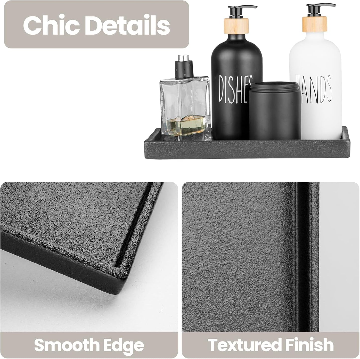 Bathroom Vanity Tray, Black Ceramic Organizer Tray for Counter, Rectangle Soap Dispenser Tray for Bathroom and Kitchen