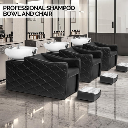 OmySalon Shampoo Bowl and Chair Set for Salon, Hair Washing Station with Ceramic Shampoo Sink, UPC Certificated Vacuum Breaker, Neck Rest, Backwash Shampoo Unit for Barbershop Beauty Spa