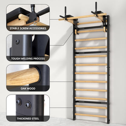 Swedish Ladder Pro, Wood Stall Bar with Push-Through Bar, Adjustable Pull-Up Dip Bar for Adults and Kids, Accessories Bundle, Spring, for Home, School, Physical Therapy and Gymnastics (40"x90“x26")