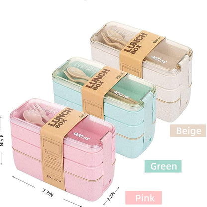 Rarapop 3 Pack Stackable Bento Box Adult Japanese Lunch Box Kit with Spoon & Fork, 3-In-1 Compartment Wheat Straw Meal Prep Containers (Green/Pink/Beige)