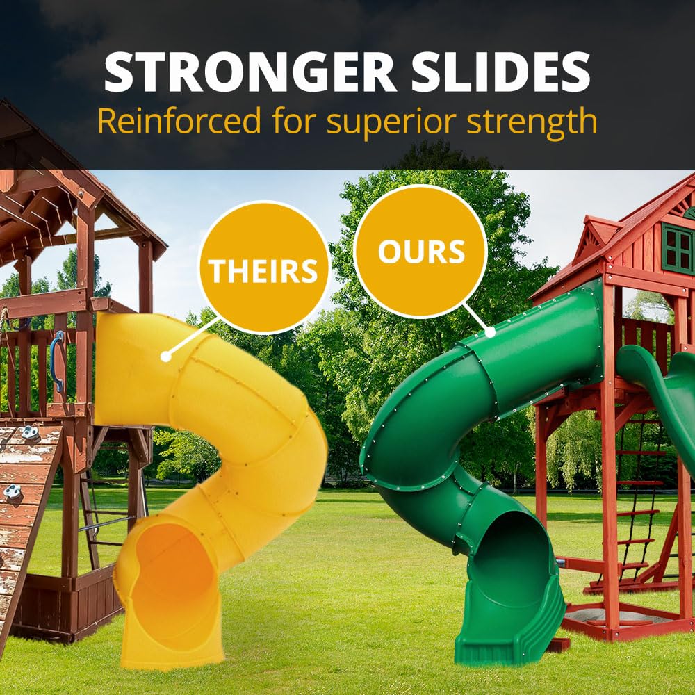 Gorilla Playsets 01-1021-AP Treasure Trove I Wood Swing Set with Wood Roof, Clatter Bridge, and Rock Wall, Amber