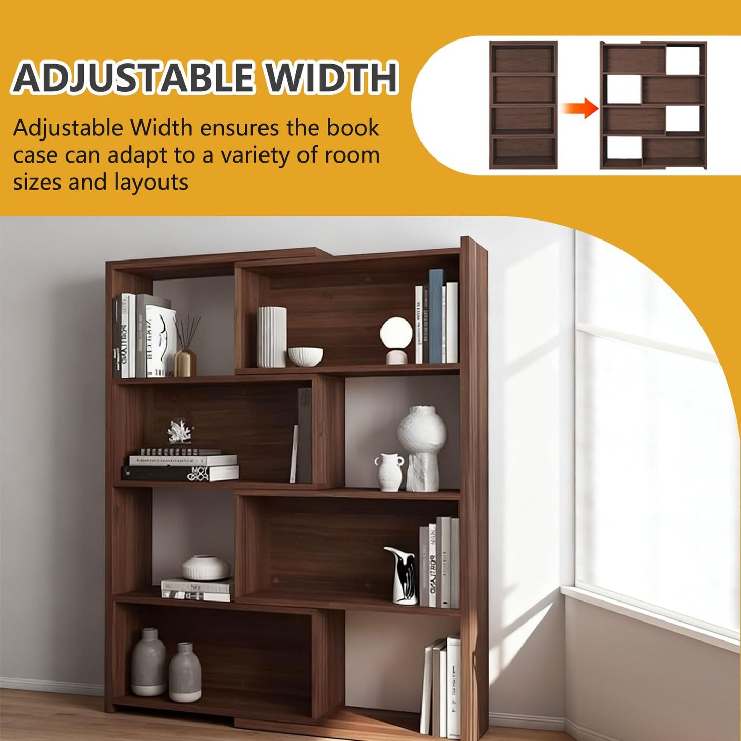 SimpArt Expandable 3-in-1 Bookcase with Adjustable Width, 4-Tier Wooden Storage Shelf, Convertible Straight or L-Shaped Corner Bookshelf for Living Room Bedroom Office