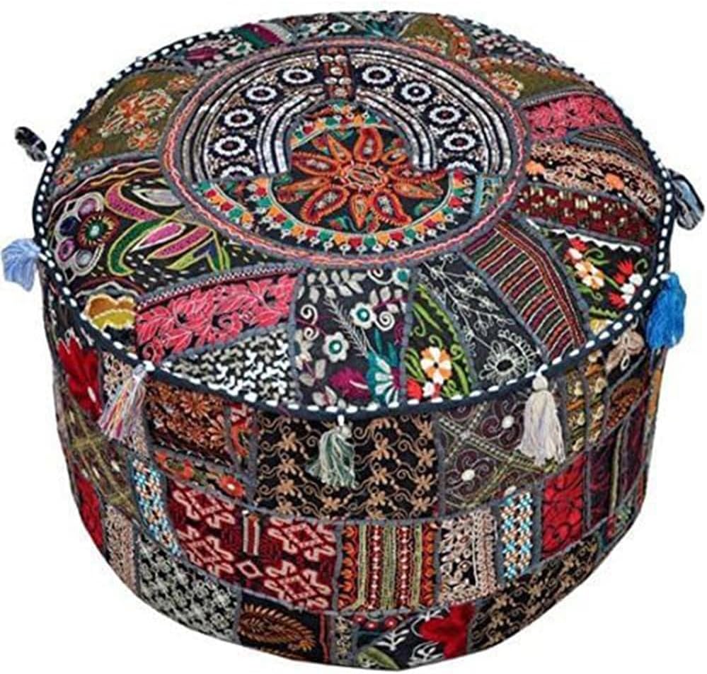 14"x22") Sophia-Art Indian Embroidered Patchwork Cover Indian Decorative Comfortable Floor Cotton Cushion Ottoman Pouf