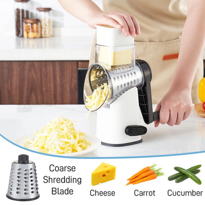 VEKAYA Rotary Cheese Grater Hand Crank with 4 Interchangeable Stainless Steel Blades, Large Manual Handle Shredder and Waffle Slicer for Vegetables, Cheese and Nuts with Table Suction Base(White)