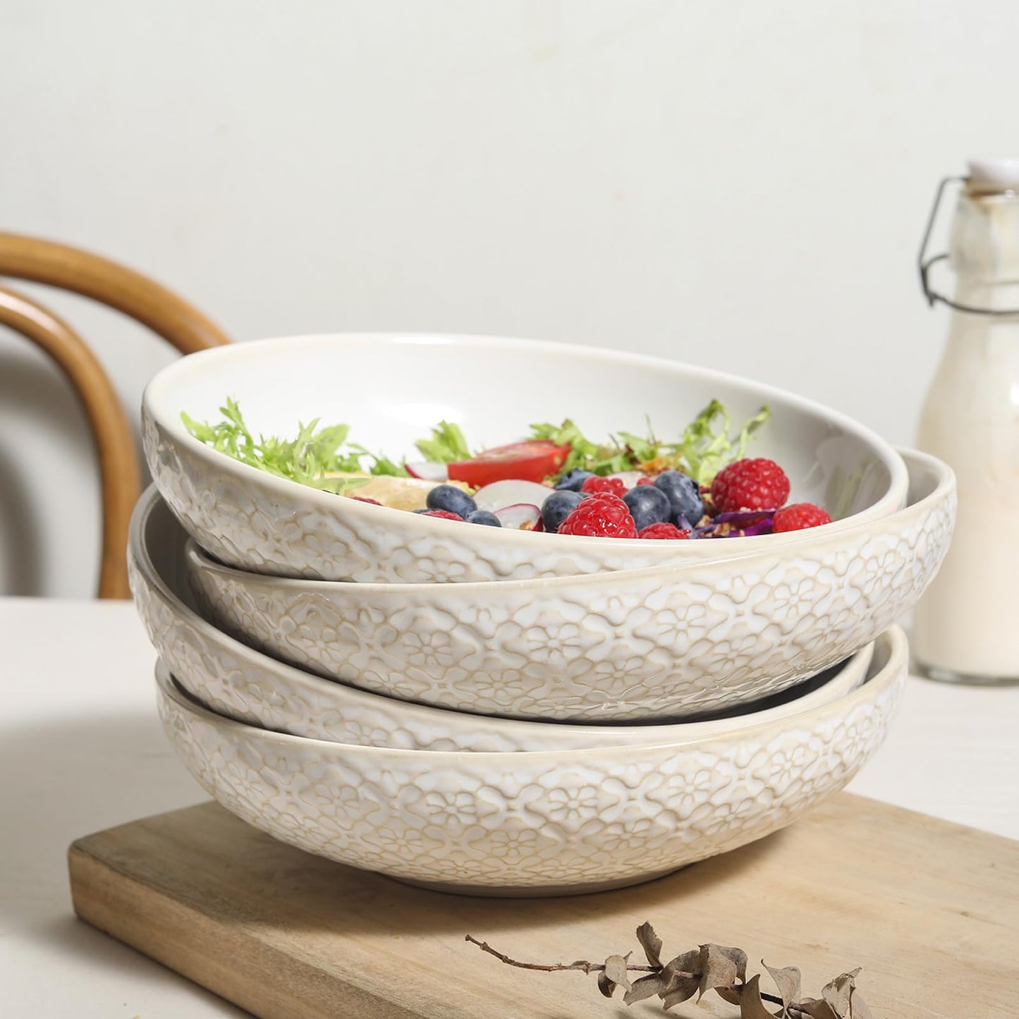 Feenmai 8" Ceramic Pasta Bowls, 22 Oz Serving Bowls Set of 4, Porcelain Shallow Soup Bowl, Embossed Serving Dishes for Pasta, Fruit, Salad, Housewarming Gift, Dishwasher Safe