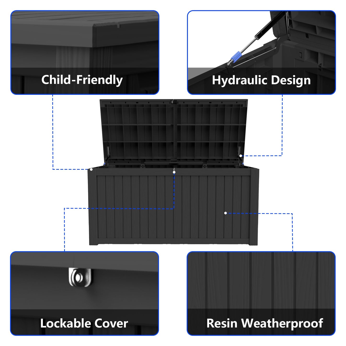 Decksplore 270 Gallon Outdoor Storage Box Resin Deck Box All Weather Waterproof Large Lockable Storage Container Deck Box for Patio Furniture, Garden Tools, Lockable, Black