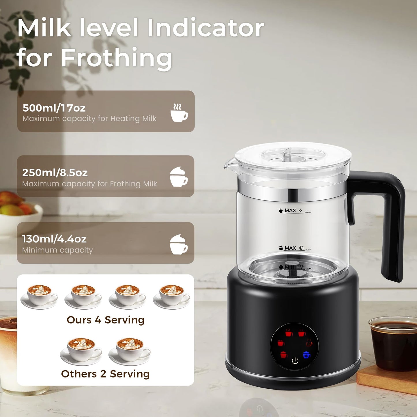 JXXM Electric Milk Frother, 6 in 1 Milk Steamer,17oz Automatic Warm and Cold Foam Maker for Coffee,Latte, Cappuccino, Macchiato, Hot Chocolate (Black)