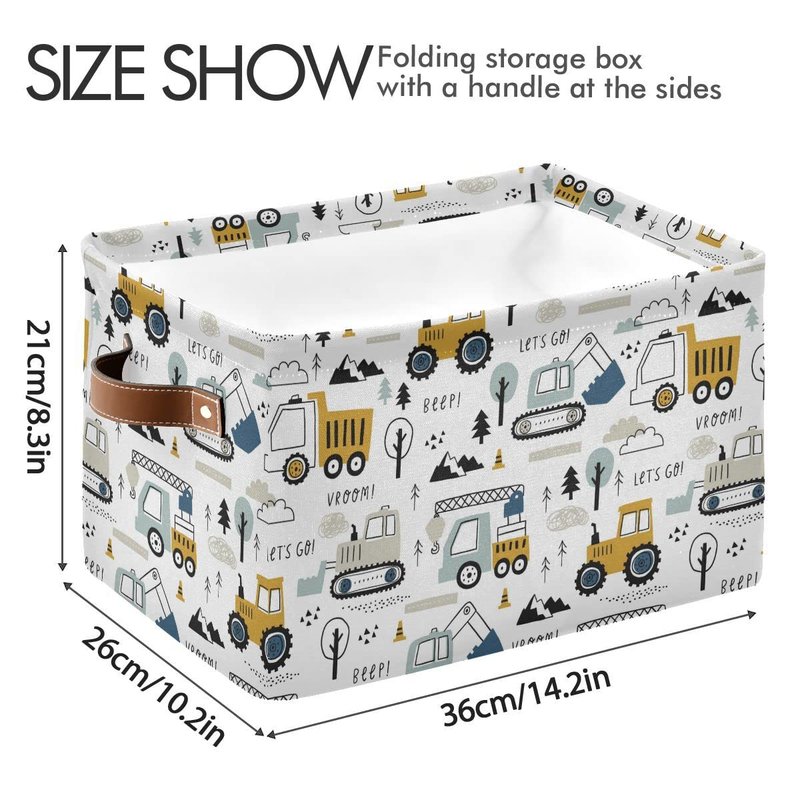 Wamika Excavator Truck Toy Storage Basket Fabric Kitchen Baskets Cars Boys Toys Open Home Storage Bins Boxes Foldable Organizer Bag for Baby Cloth Book Shelf Closet Baskets 16×12×8 Inches