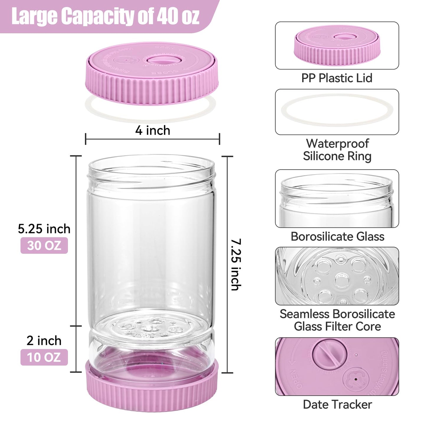 LIVSGNISTA Upgraded 40oz Glass Pickle Jar with Time Tracker–Pickle Container with Strainer Flip Leak-Proof,Auto Venting,Easy Clean Design Hourglass Pickle Juice Separator(Purple)