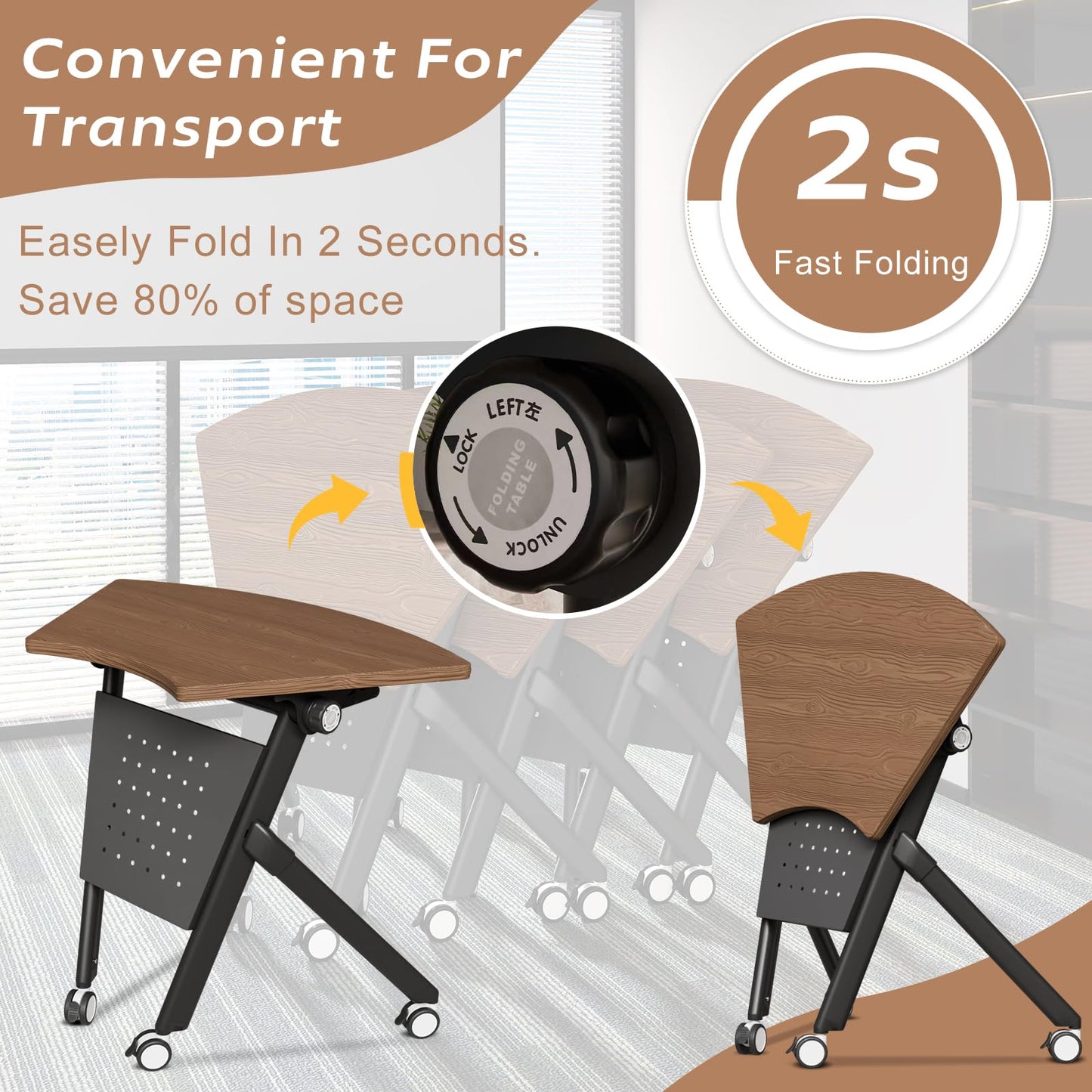 JFazzruit Folding Conference Table,Fan-Shaped Conference Room Tables with Wheels, Mobile Modular Seminar Meeting Desk for Classrooms,Office & Seminar (2, Fan-Walnut)