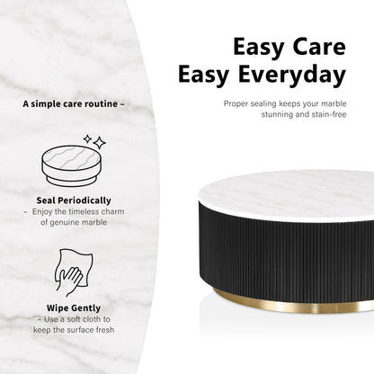 Furniture of America Beryl Modern Round White Genuine Marble Top Coffee Table with Fluted Pedestal Base and Gold Stainless Steel Accent, Low Profile Table for Living Room, Home Office, Black