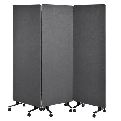 Room Divider with Wheels 72x66 Inch, 3 Panel Folding Privacy Screen, Portable Sound Proof Partition Wall for Office Studio School Hospital, Freestanding Temporary Wall on Casters, Dark Grey
