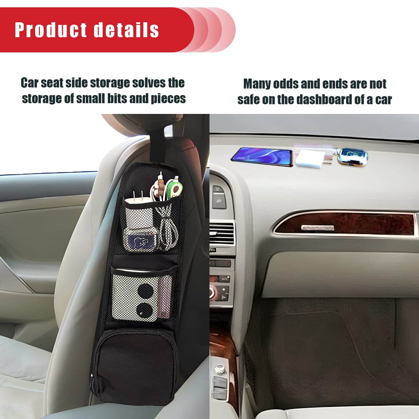 QUICTO 2PCS Car Seat Storage Hanging Bag, Multi-Pocket Seat Side Organizer, Multifunctional Mesh Net Pocket, Can Hold Mobile Phone, Wallet, Glasses, Suitable for Cars, SUVs, Trucks
