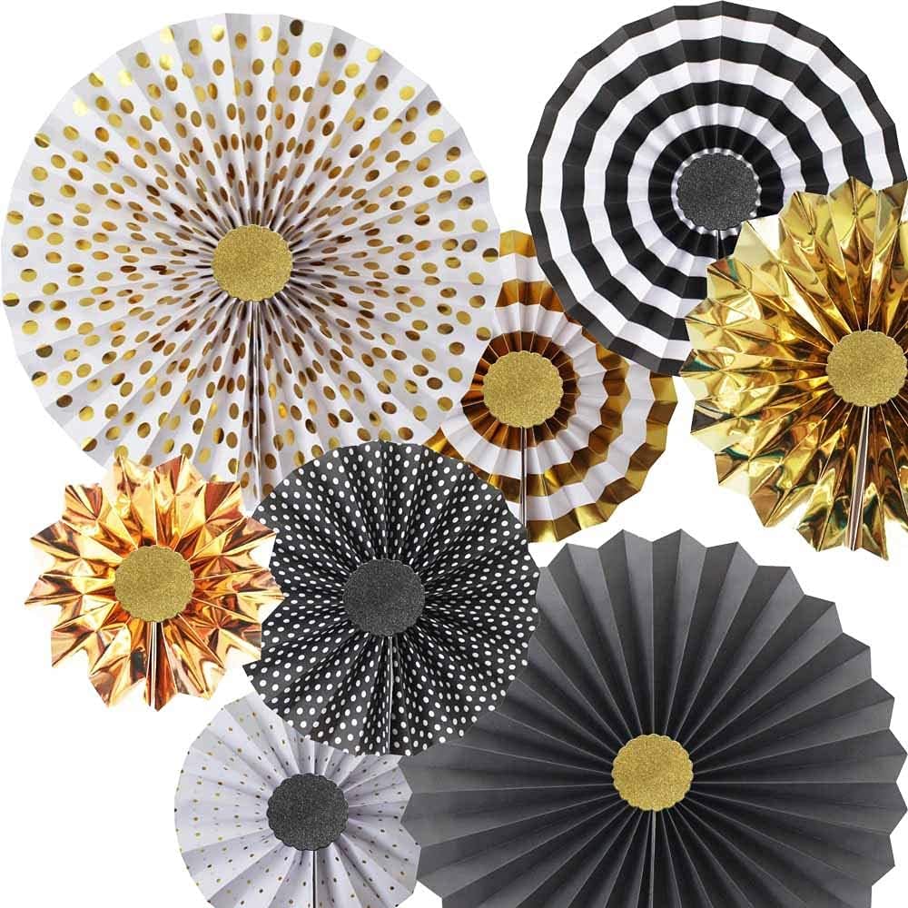 Set of 8 Gold Black Paper Fans Flower for Halloween Party Decorations, black2