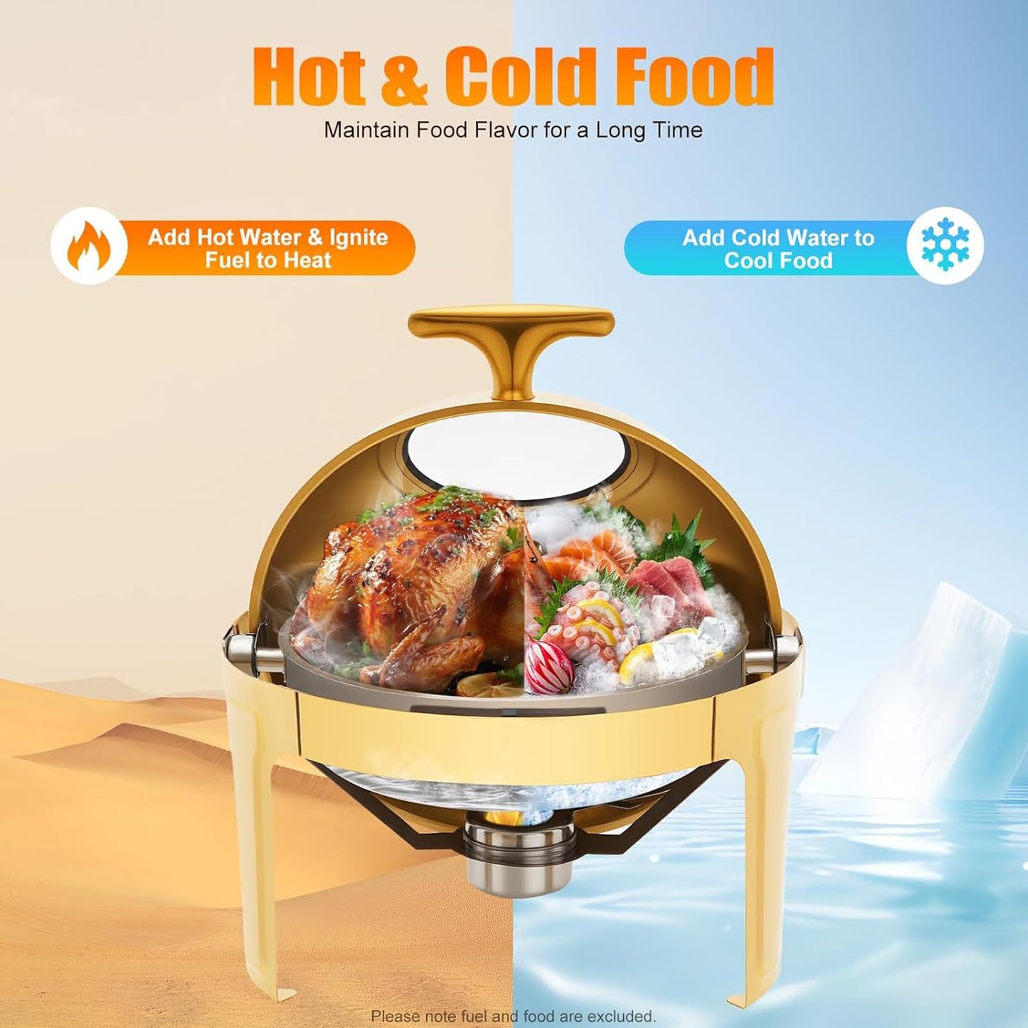 ZephPerton Round Gold Buffet Chafing Dish, Buffet Server Capacity Golden Food Warmer, 180° Roll Top with Visible Glass Lid & Surround Water Heat Insulation for Home Restaurant Party Catering Hotel