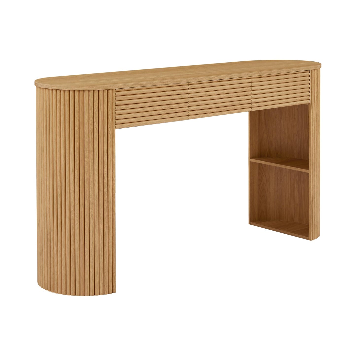 Christopher Knight Home Sara MDF Console Table With Storage, Narrow Entryway Table With 3 Drawers & Table-Leg Niche, Retro Couch Table, Round Slat Aesthetic Sofa Table For Living Room Hallway, Natural