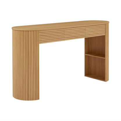 Christopher Knight Home Sara MDF Console Table With Storage, Narrow Entryway Table With 3 Drawers & Table-Leg Niche, Retro Couch Table, Round Slat Aesthetic Sofa Table For Living Room Hallway, Natural