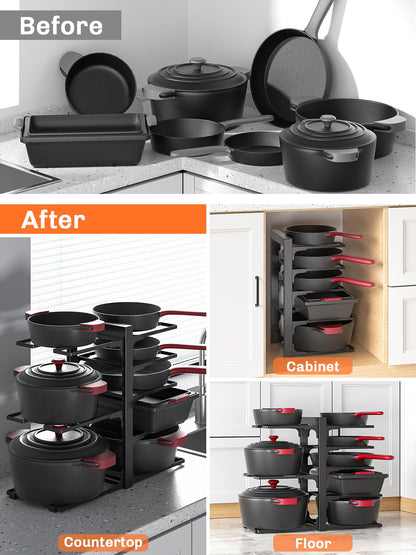 MUDEELA 8-Tier Pots and Pans Organizer under Cabinet, 15.83" Height Heavy Duty Pot Pan Organizer Kitchen Cabinet Organization and Storage, Adjustable Pot Rack for Frying Pan, Cast Iron Skillet, Black