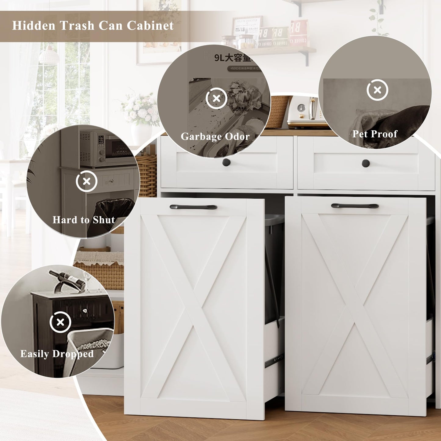 HOSTACK 71"H Kitchen Trash Can Cabinet, 12.5 Gallon Double Pull Out Garbage Can Hutch Cabinet with Trash Bin Storage Holders, 47" Wide Kitchen Pantry with Hidden Garbage Storage for Dining Room, White