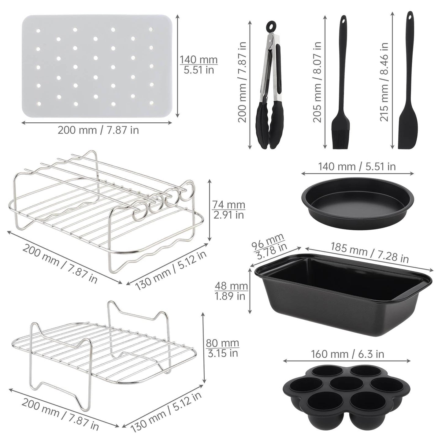 Dual Basket Air Fryer Accessories 9Pcs, Fit for Ninja Dual Air Fryer DZ201, DZ401, DZ550 & Most 8QT - 10QT and Larger Dual Zone Air Fryer, Include Cake Pizza Pan, Racks & Skewer, Paper Liner, etc