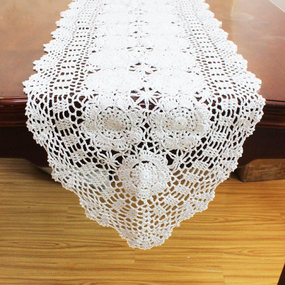 14x72 inch KEPSWET Cotton Handmade Crochet Lace Oval Table Runner Dresser Console Coffee Table TV Stand Decor White