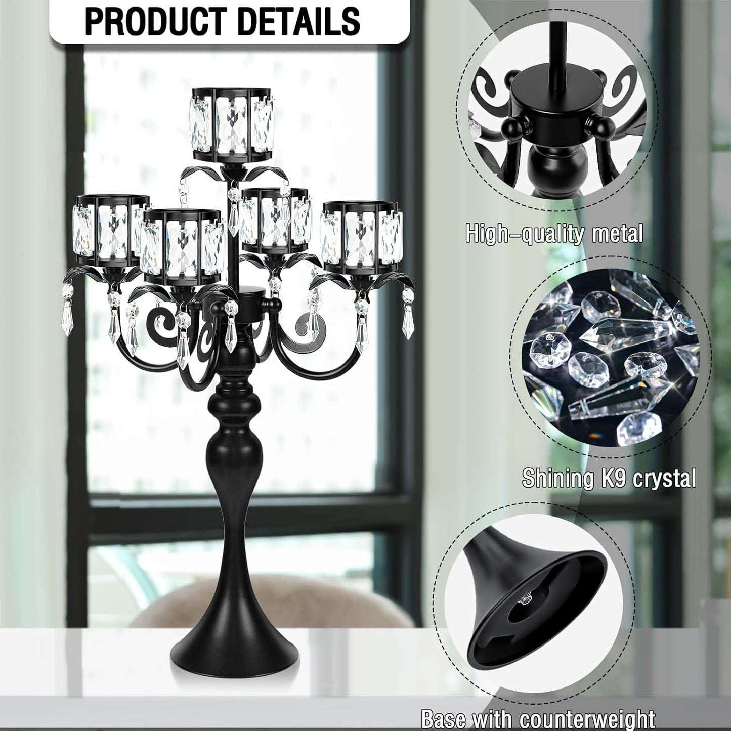 Skiennix 5-Arm Crystal Pendant Candle Holder - Elegant 22-Inch Tall Wedding Centerpiece | Black Finish
