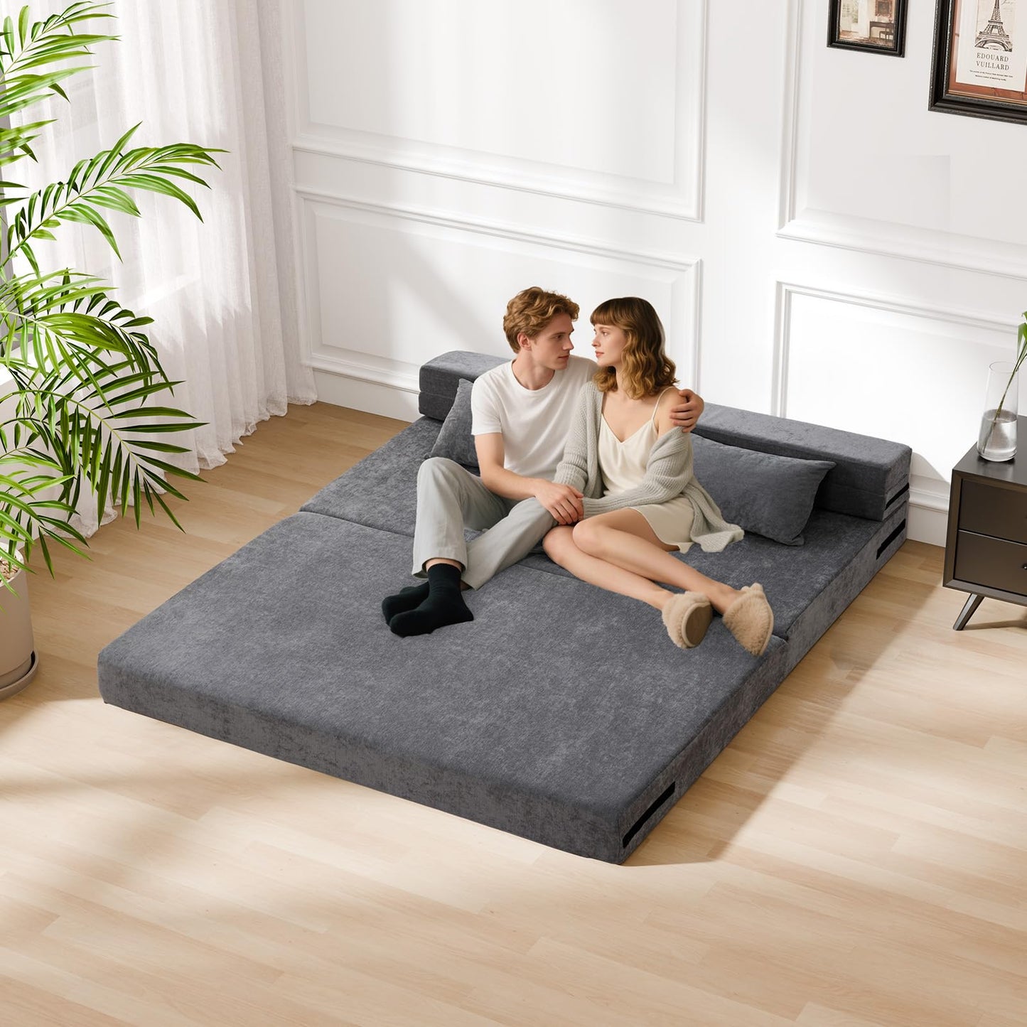 HOMFINE Folding Sofa Bed - Convertible Sleeper Chair with Pillow, Fold Out Couch, Memory Foam Floor Mattress, Futon Couch, Lazy Sofa for Living Room/Dorm/Guest Room/Home Office, Grey, Queen Size