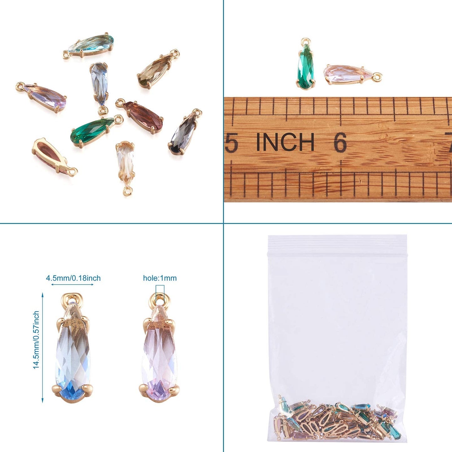 FASHEWELRY 50Pcs Teardrop Faceted Glass Pendants Mixed Colors Crystal Glass Dangle Oval Drop Bead Charms with Golden Open Back Settings for Jewelry Craft Making