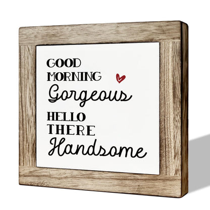 Farmhouse Table Decor, Funny Wood Sign, Decorative Wooden Signs and Plaques, Bathroom Decor, Rustic Home Decors, Good Morning Gorgeous Hello There Handsome Sign 5.9×5.9×0.7inches