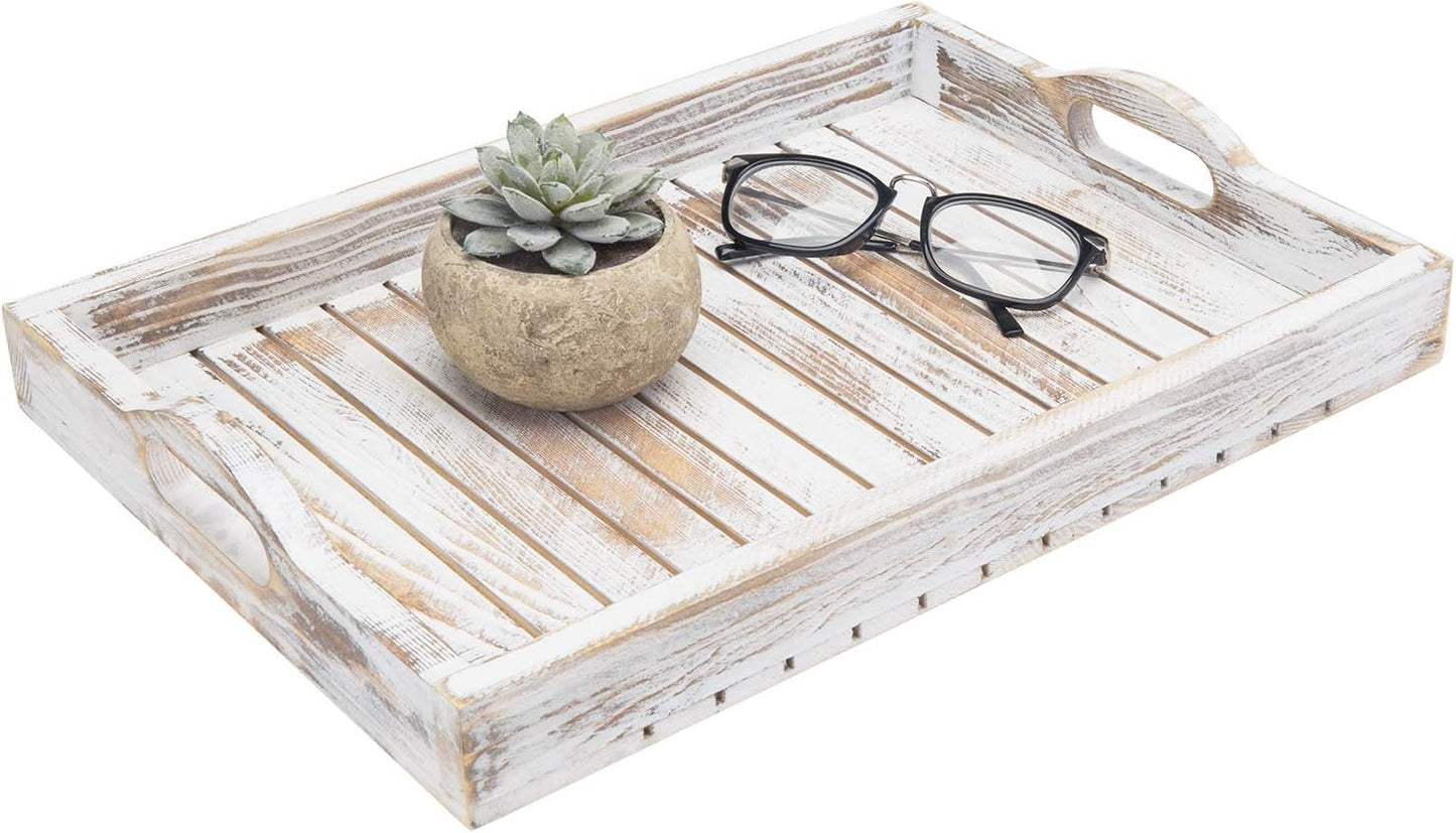 16 11 Inches MyGift Shabby Chic Whitewashed Wood Breakfast Serving Tray with Cutout Handles with Slatted Design