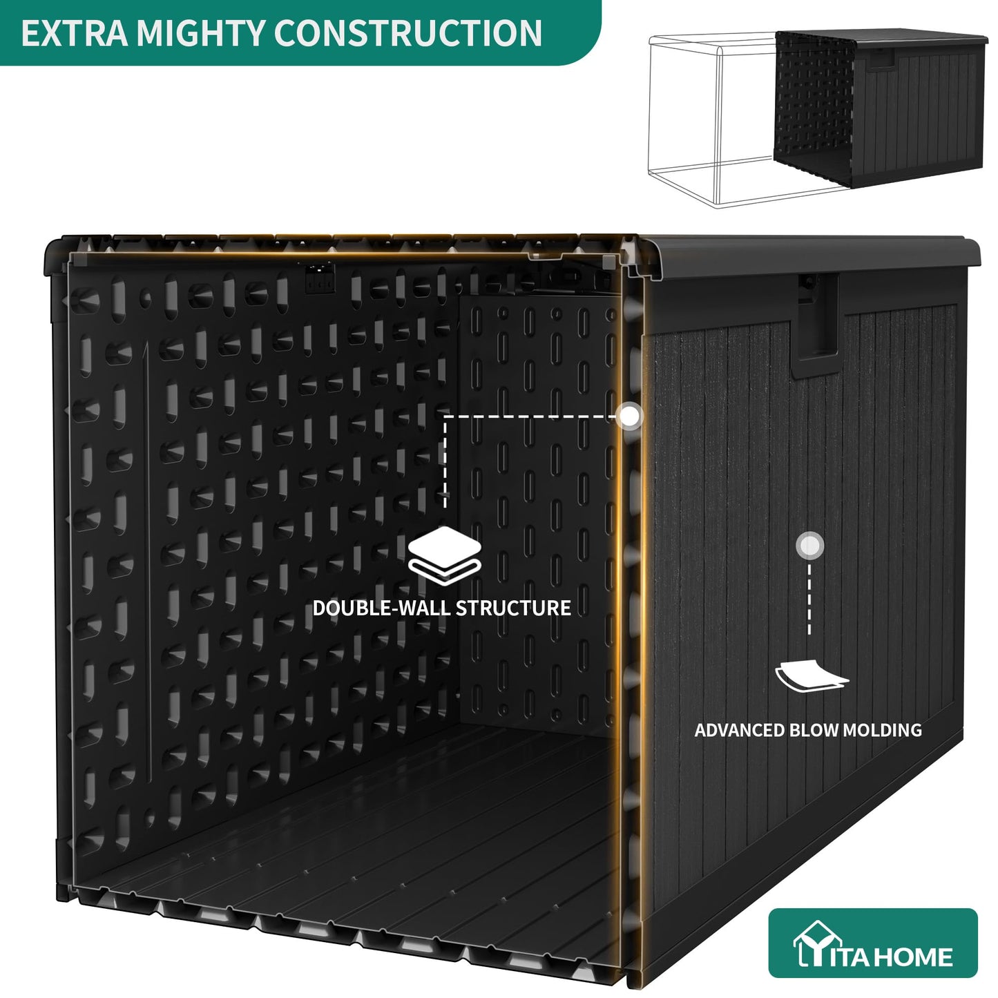 YITAHOME 180 Gallon Double-Wall Deck Box with Side Handles, Outdoor Large Storage for Patio Furniture Cushions, Garden Pool Accessories, Water Resistant & Lockable