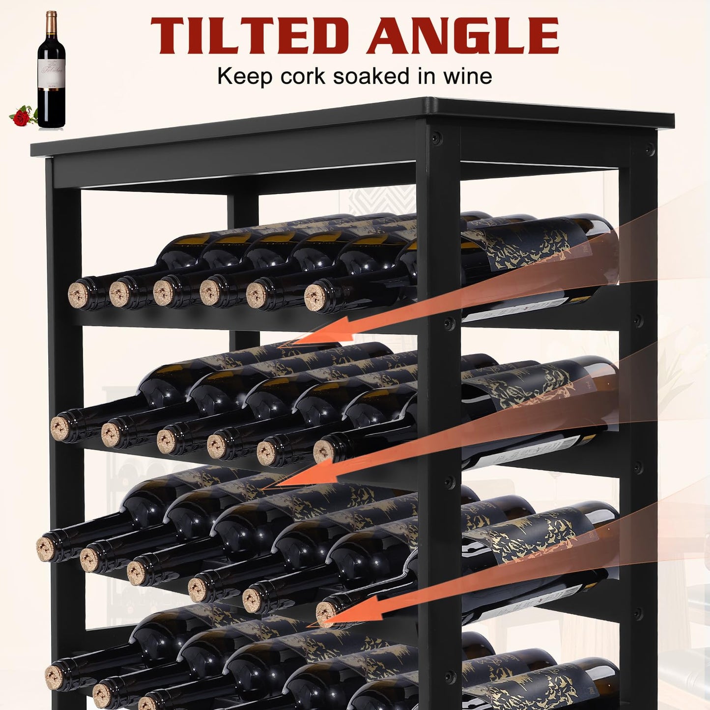 Bambition Bamboo Wine Rack Freestanding Floor, 7-Tier 42-Bottle Wine Storage Shelf with Table Top - Black