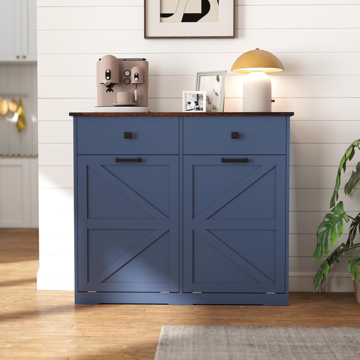Blue Double Tilt Out Trash Cabinet for 20 Gallon Trash Cans, Free Standing Recycling Cabinet with Hideaway Drawer, Barn Door Style Laundry Sorter Cabinet, Tilt Out Trash Cabinet for Kitchen
