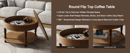 Hayzz Round Coffee Table with Storage 31.5 Inch, Modern Lift Top Accent Coffee Table with Hidden Compartment & Lower Shelf, Adjustable Leveling Feet, Easy Assembly for Living Room, Walnut Brown