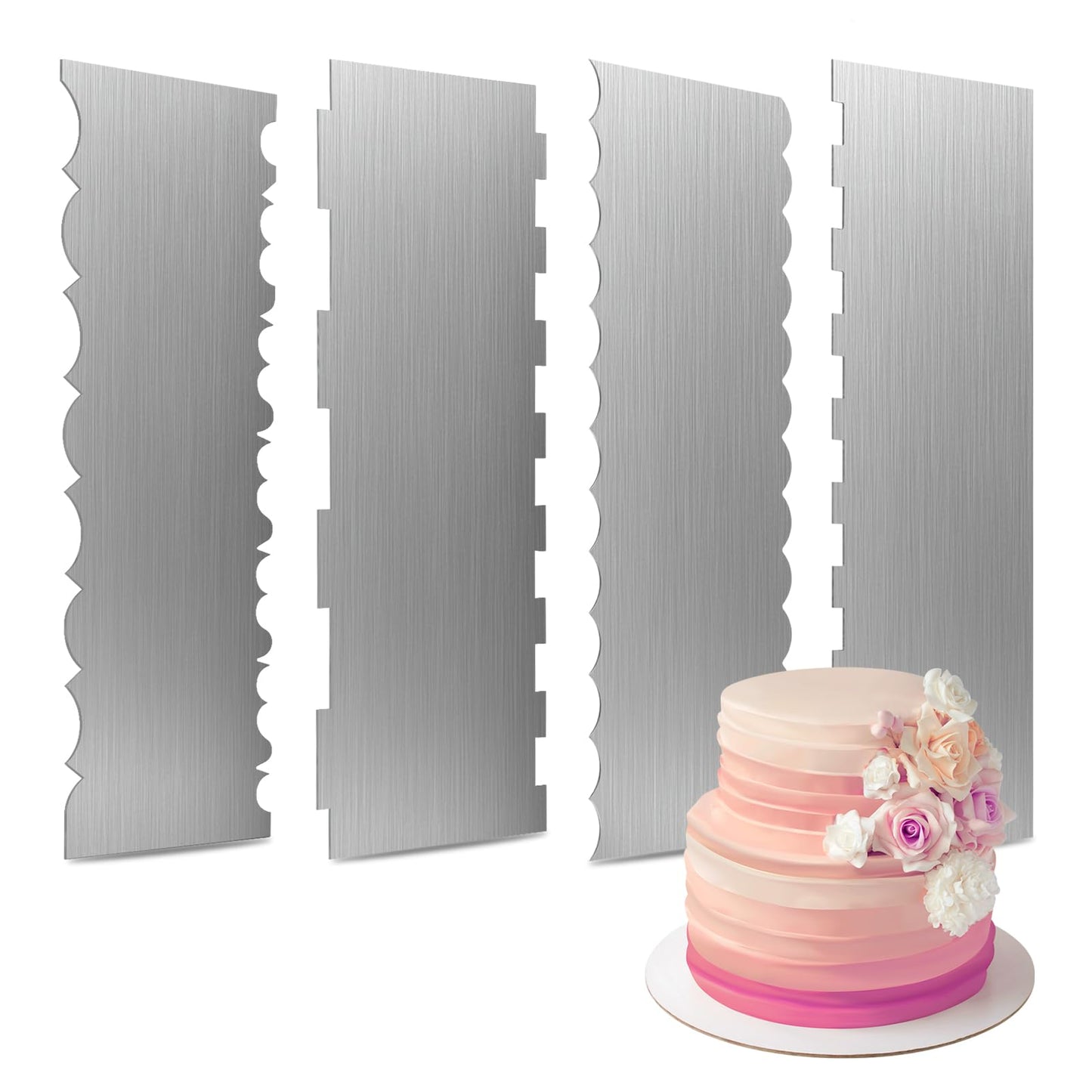 4 Pack Stainless Steel Cake Scraper,8.6 Inch Double Sided Patterned Stripe Metal Cake Smoother, Cake Decorating Comb Pastry Cutter Leveler for Mousse Butter Cream Cake Edge Baking Decoration