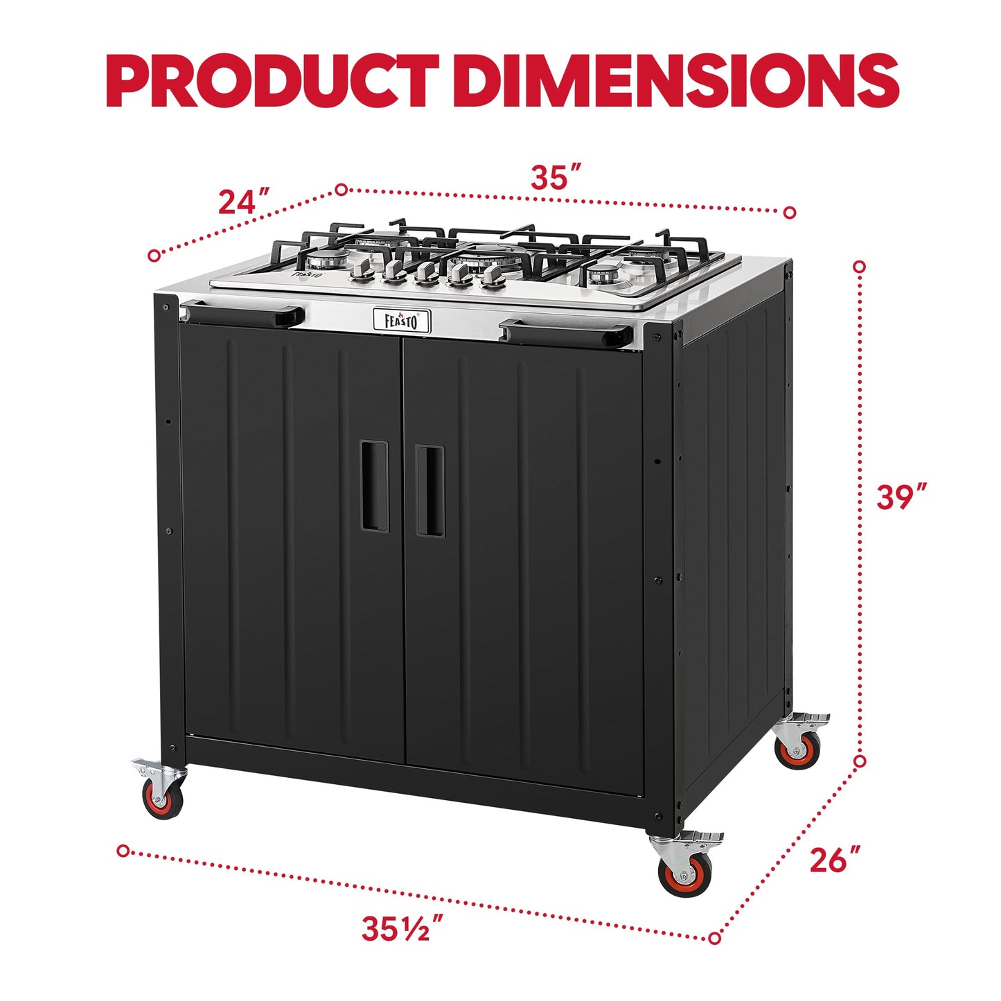 Feasto Gas Grill, Movable Outdoor Gas Stove Stainless Steel Top with Cabinet, 5 Burners with 36,200 BTUs, Outdoor Propane Grill for Outdoor Cooking, Ideal for Lawn & Garden, L35.4 x W24