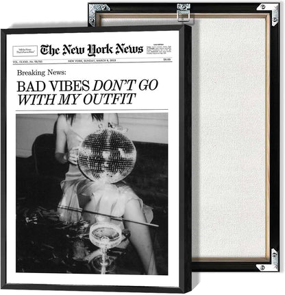 Generic 8x12in Retro Black and White Canvas Wall Art Funny Magazine Cover Newspaper Poster Vintage Disco Ball Bar Cart