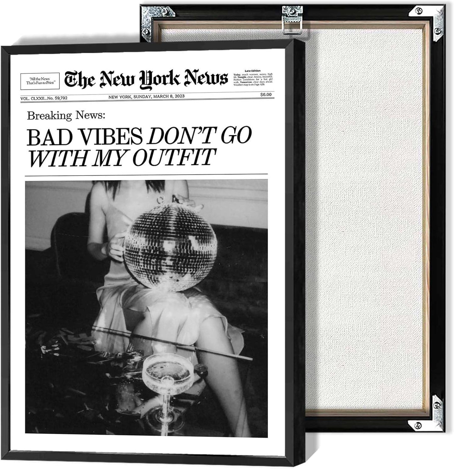 Generic 12x18in Retro Black and White Canvas Wall Art Funny Magazine Cover Newspaper Poster Vintage Disco Ball Bar Cart
