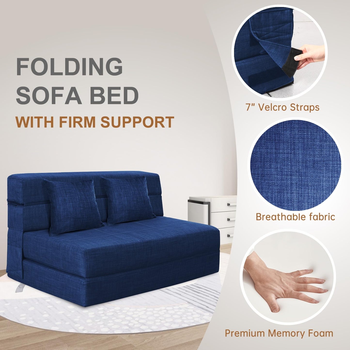 Nigoone 60 Inch Folding Sofa Couch Memory Foam with Pillow Convertible Sleeper Mattress Futon Lazy for Living Room, Washable Cover, Queen Size, Dark Blue