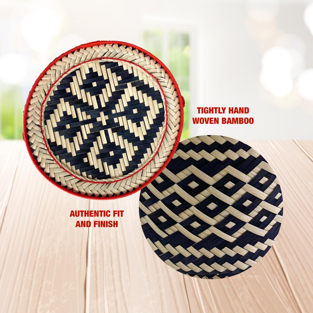 PANWA Bamboo Sticky Rice Serving Basket Thai Kratip Container 100% Handmade Traditional Village Handicrafts with Vegetable Plant Based Dye Coloring Shades Food Safe (Charcoal)