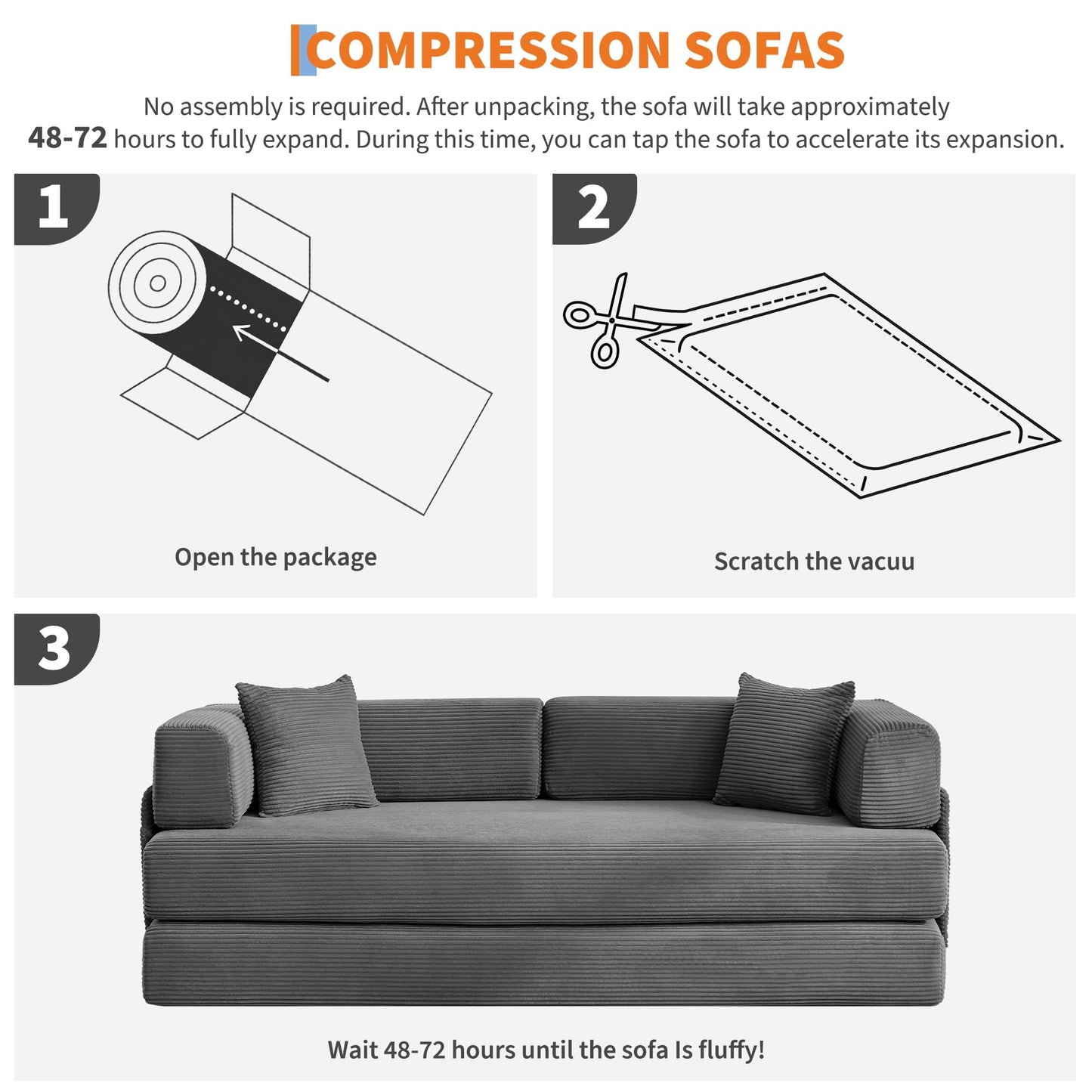 IDEALHOUSE Convertible Sofa Bed 5-in-1, 78.8 Inch Folding Futon Couch with Pull Out Bed, Corduroy Upholstered No-Assembly Loveseat Sleeper for Living Room, Bedroom, Lounge, Grey