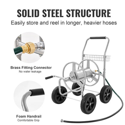 VEVOR Hose Reel Cart, Hold Up to 250 ft of 5/8’’ Hose, Garden Water Hose Carts Mobile Tools with 4 Wheels, Heavy Duty Powder-coated Steel Outdoor Planting with Storage Basket, for Garden, Yard, Lawn