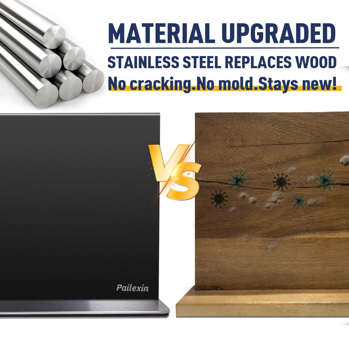 Pailexin Magnetic Knife Block Without Knives—Black Stainless Steel Double-Sided Magnetic Knife Holder Stand with Strong Magnets, Knife Storage Organizer for Kitchen Counter top