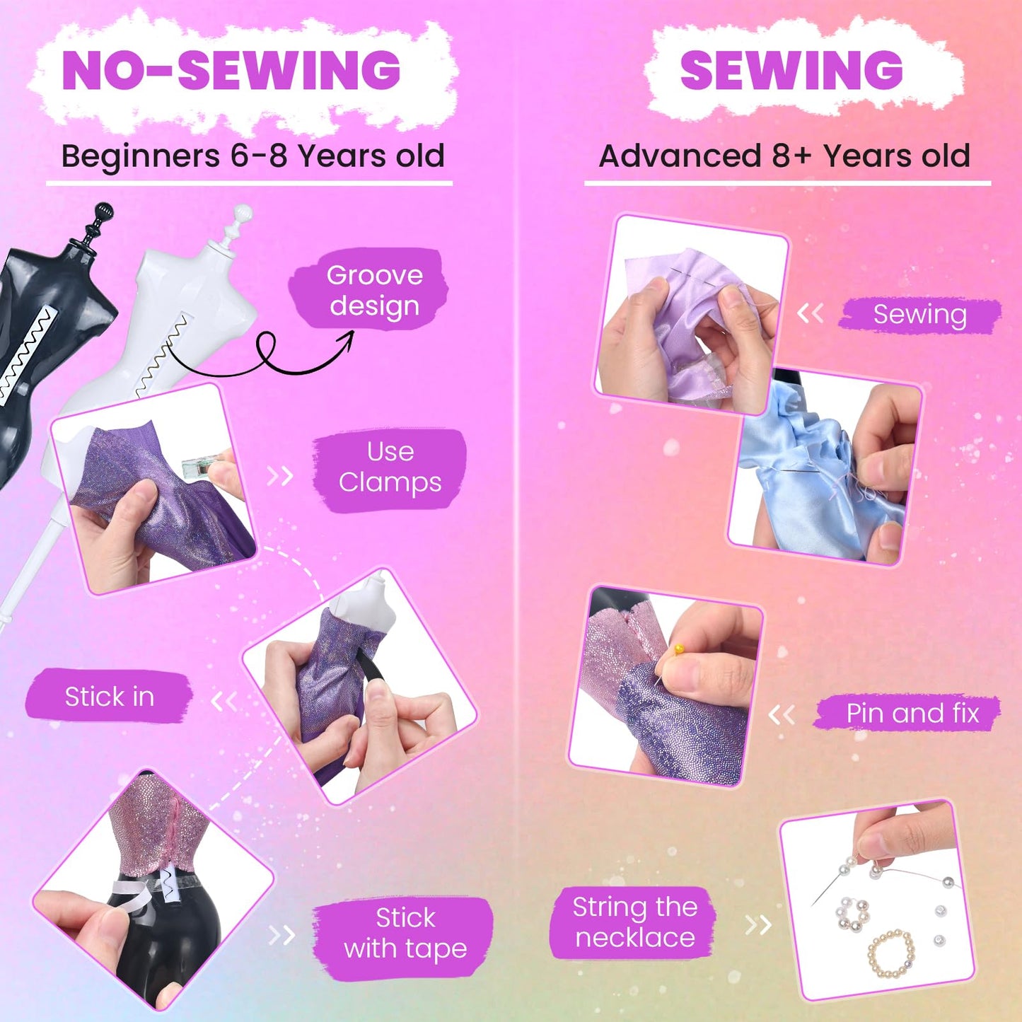 700+Pcs Fashion Designer Kit for Girls - Sewing Kit Arts and Crafts Set for Kids Ages 8-12 with 5 Mannequins & Instruction DIY Doll Clothes Making Learn to Sew Toys for Girls Christmas Birthday Gift
