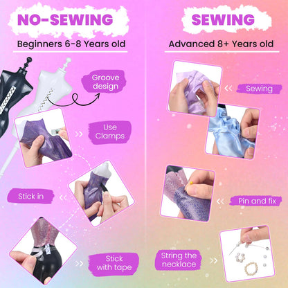700+Pcs Fashion Designer Kit for Girls - Sewing Kit Arts and Crafts Set for Kids Ages 8-12 with 5 Mannequins & Instruction DIY Doll Clothes Making Learn to Sew Toys for Girls Christmas Birthday Gift