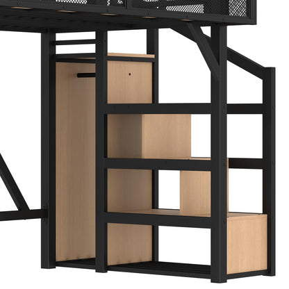 Bellemave Twin XL Size Loft Bed with Stairs and Wardrobe,Heavy Duty Metal Loft Bed Frame with Shelves,LED Lights and Charging Station for for Kids,Teens,Adults,Natural Wood