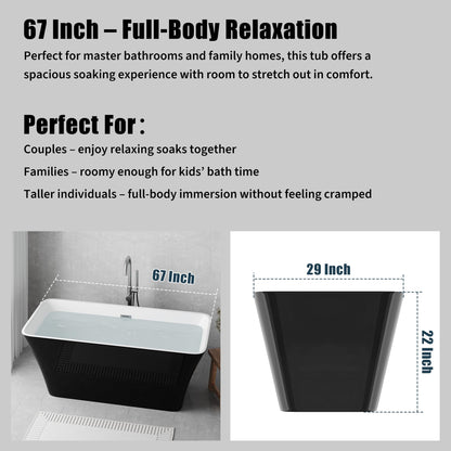 67 inch Freestanding Bathtub, Luxury Acrylic Freestanding Tub with Overflow and Chrome Drain, Extra Large Stand Alone Soaking Bathtub for Modern Bathroom