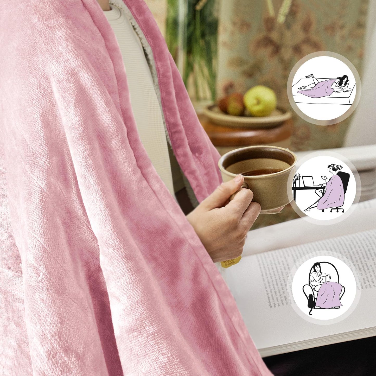 Heated Blanket Throw 50"x60", ETL & FCC Certified Electric Blanket with 3-Hour Timer Auto-Off & 5 Heating Levels, Overheat Protection, Machine Washable - Dusty Pink